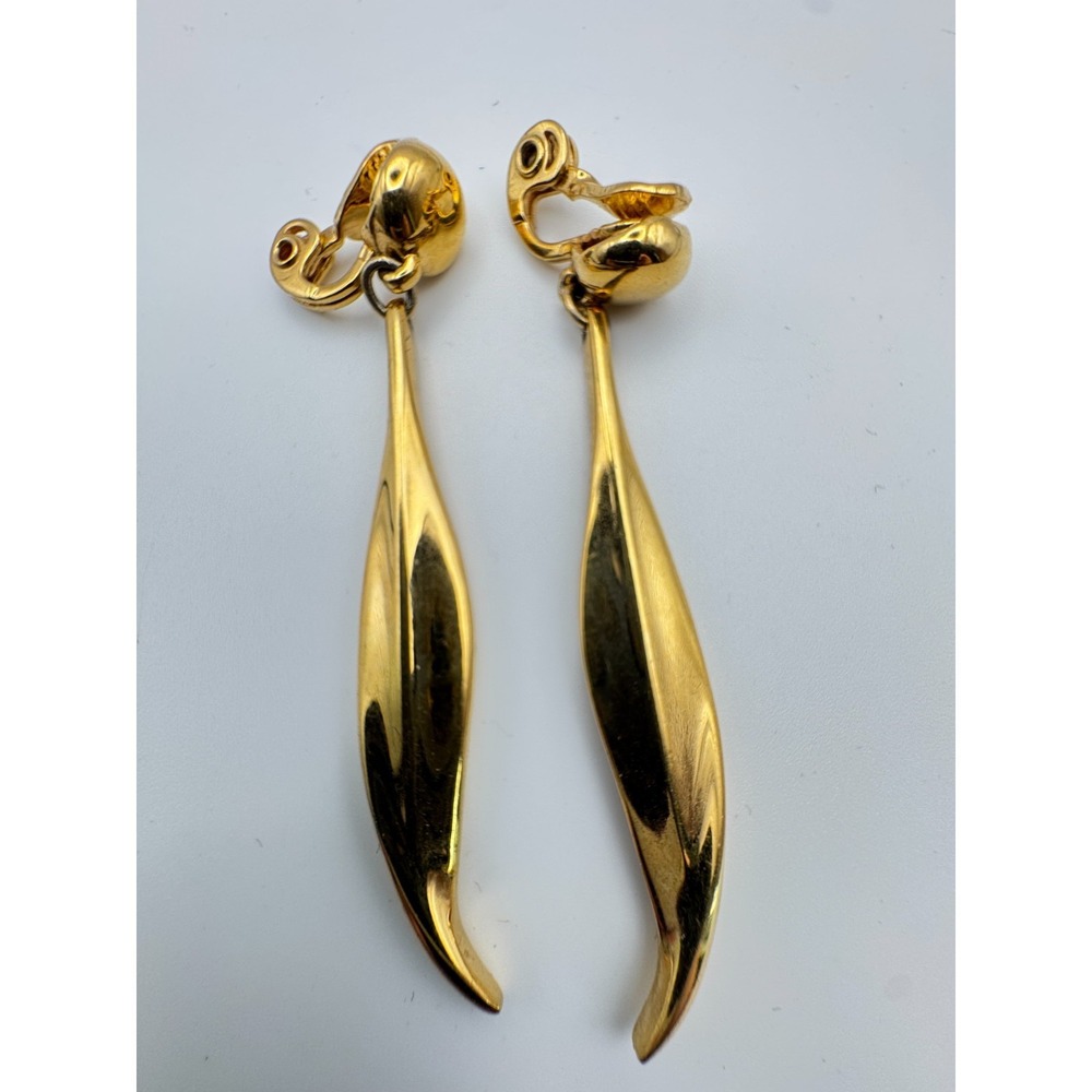 Vintage Monet Earrings Long Gold Drop Sculptural Dangle Sleek